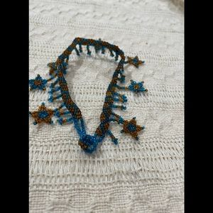 Vintage Tulum Tribal Glass Seed Beaded Stars Huichol Ankle Bracelet Bronze Blue